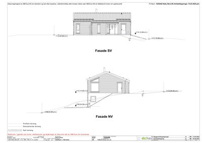 Fasadetegning som viser bygningens utseende sett fra sørvest (SV) og nordvest (NV), inkludert høydeangivelser og terrengprofil.