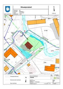 Situasjonskart som viser eiendomsforhold, naboeiendommer og bygningsplassering.