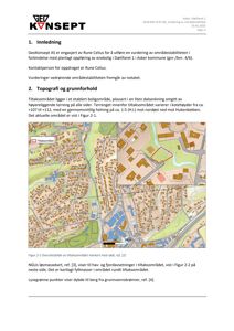 Oversiktsbilde av et tiltaksområde med bygningsplassering og terrengforhold, inkludert et NGU-løsmassekart.
