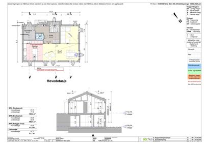 Hovedetasjeplan med romfordeling, mål og teknisk informasjon