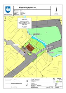 Reguleringsplankart som viser tomt, bebyggelse og omgivelser.