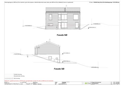 Bildet viser to fasadetegninger (NØ og SØ) av en bolig, inkludert høydeangivelser og terrenglinjer.