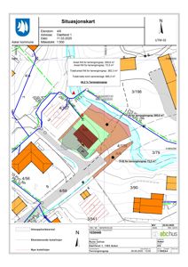 Situasjonskart som viser eiendomsgrenser, tomteareal og naboeiendommer.