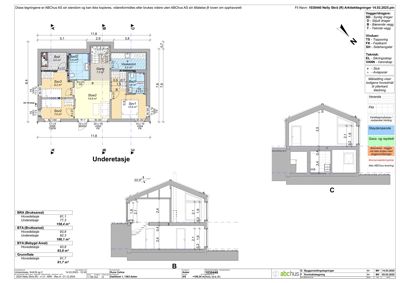 Etasjeplan for 'Underetasje' med romfordeling, mål og en fasadetekning (B) inkludert.
