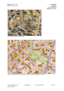 Bildet viser en situasjonsplan med et flyfoto av tomten øverst, og en dreneringskart (situasjonskart) nederst som viser tomtegrenser og vassdrag.
