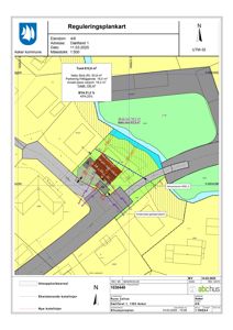 Reguleringsplankart som viser tomt, bygning, vei og arealbruk.