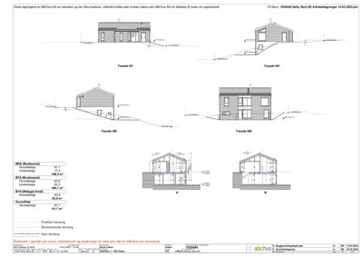 Bildet viser fire fasadetegninger (SØ, NV, SV, NØ) av en bygning, samt to snittegninger (A og B) og en side med arealoppsett.