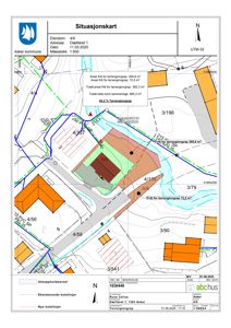 Situasjonskart som viser eiendomsgrenser, tomteareal og naboeiendommer.