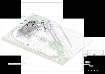3D-visualisering (rendering) som viser skiltoversikt for MAX Burger med plassering av ulike skilt (SK10-SK22) på bygning og omgivelser.