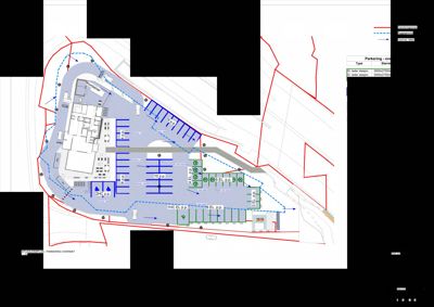 Situasjonsplan som viser parkeringsanlegg med bilplasser, elbilplasser og bygningers plassering på tomten.