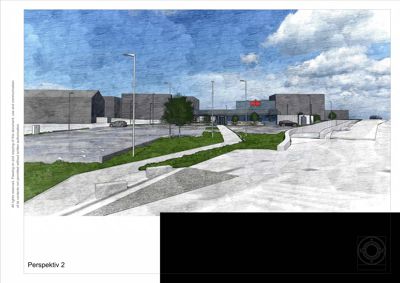 En 3D-visualisering (perspektivtegning) av en bygning sett fra utsiden, med bildebeskrivelsen 'Perspektiv 2' og et arkitektstempel.