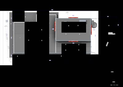 Etasjeplan eller takplan som viser romfordeling, vegger, dører og tekniske installasjoner (som perforert stålplatermerke).