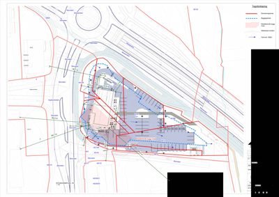 Situasjonsplan som viser bygningens plassering på tomten, byggegrenser, eksisterende bygg, og forhold til omgivelsene (veier, vannveier).