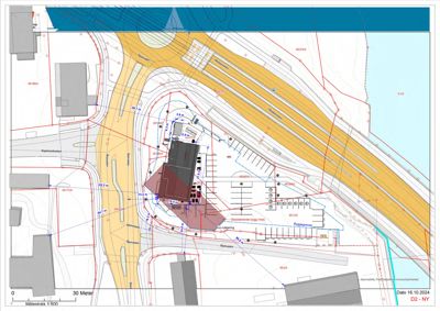 Situasjonsplan som viser bygningens plassering i forhold til veier (Svartdalen, Sognsvann), jernbane (Møstveien) og vann (Sognsvann). Planen inneholder også mål, byggegrenser og eksisterende bygg.