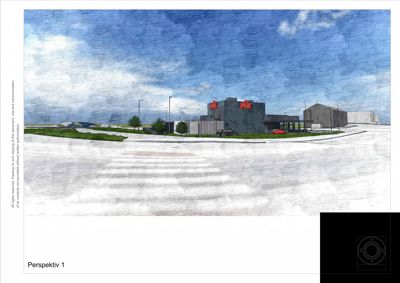 En 3D-visualisering (perspektivtegning) av en bygning sett fra utsiden, med bil og omgivelser.