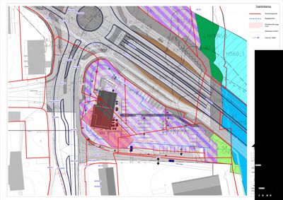 Situasjonsplan som viser tomtens beliggenhet i forhold til nabolag, veier og jernbanespore, med overlag av byggegrenser og eksisterende bygg.