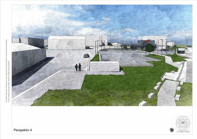 En 3D-visualisering (rendering) som viser en perspektivtegning av en bygning og omgivelsene, inkludert parkeringsplass og landskap.