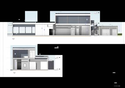 Snittegning som viser tverrsnitt gjennom bygningen med romfordeling, høyder og konstruksjonsdetaljer.