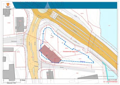 Situasjonsplan som viser eksisterende bygninger, vegnettet og tomtegrenser i området.