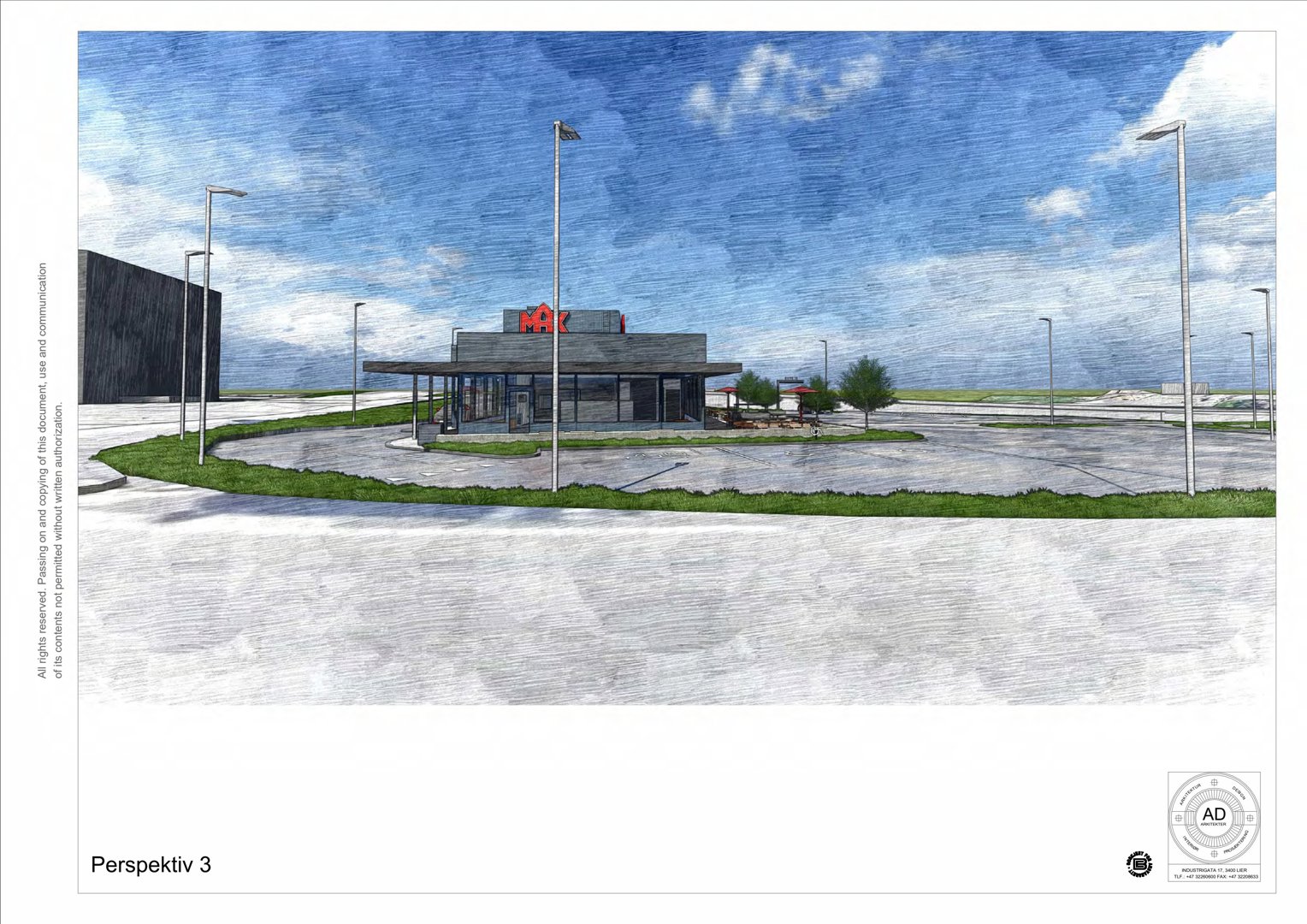 En 3D-visualisering (rendering) som viser en bygning sett fra utsiden med omgivelsene, inkludert parkeringsplass og himmel.