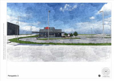 3D-visualisering (rendering) av en bygning sett fra utsiden, med bildebeskrivelsen 'Perspektiv 3'.