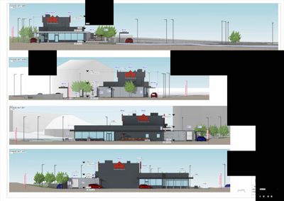 Fasadetegning som viser bygningens utseende fra fire ulike sider (nord, sør, øst og vest) med mål og detaljer.
