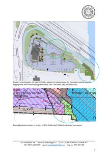 Bildet viser to situasjonsplaner (tomtekart) med bygningsplassering, veiavstander og reguleringszoner.