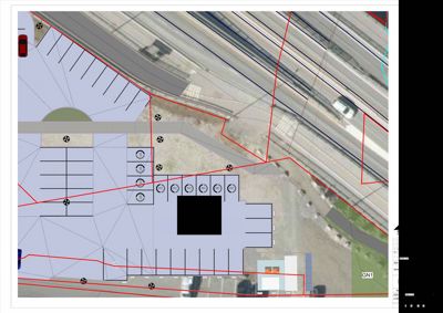 Situasjonsplan som viser tomtens form, bygningers plassering, parkeringsplasser og forhold til vei/vegg.