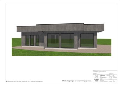 3D-visualisering av en bygning med fasade og omgivelser