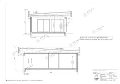 Snittegning (Snitt A-A og Snitt B-B) som viser tverrsnittet av en hytte med mål på bjelkelag, vindusåpninger og takhelling.