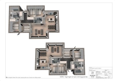 3D-visualisering (rendering) av to etasjer av en bolig, som viser romfordeling, møblering og materialvalg.