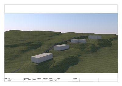 3D-visualisering (rendering) som viser plassering av flere bygninger i et terreng med en vei.
