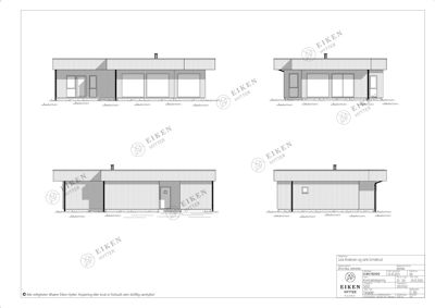 Fasadetegning som viser bygningens utsyn fra fire ulike vinkler (for, bak, venstre og høyre side).
