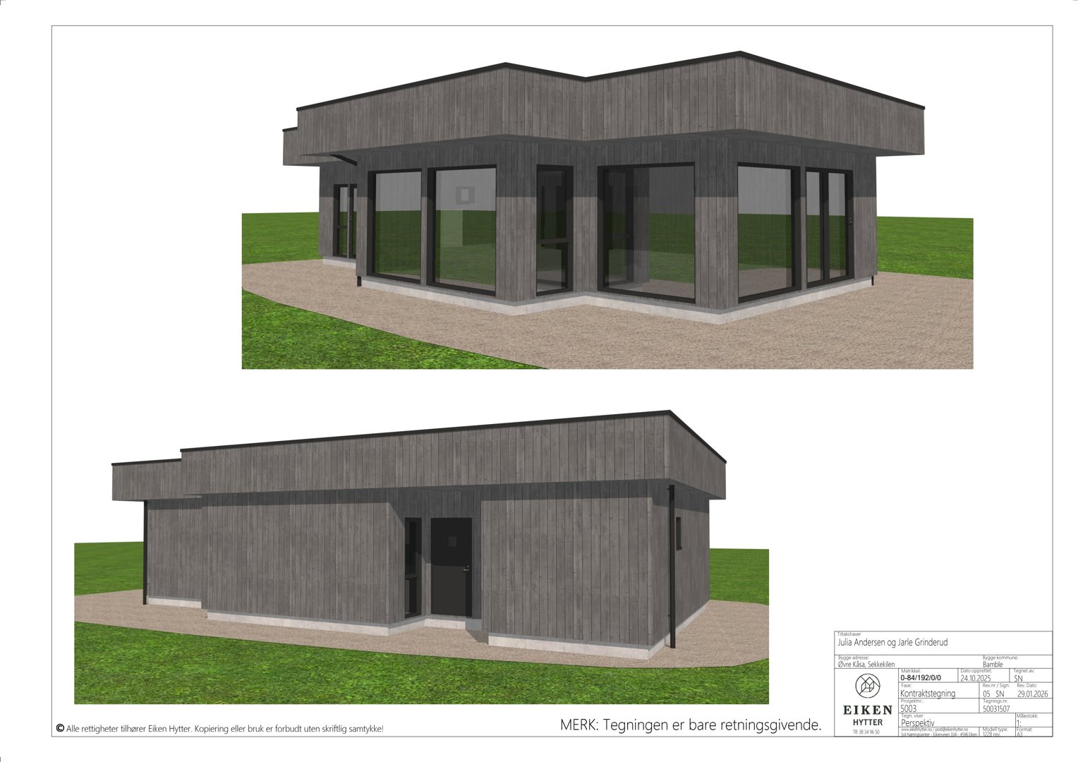 3D-visualisering av en bygning sett fra utsiden, med to ulike vinkler (kanskje front og side).