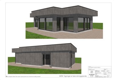3D-visualisering av en bygning sett fra utsiden, med to ulike vinkler (kanskje front og side).
