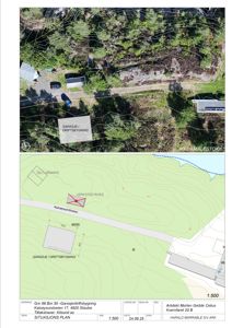 Situasjonsplan som viser tomtens terrengform (konturlinjer), eksisterende og planlagt bygninger (garasje, driftsbygning, verksted), samt vei og vann. Øvre del er et flyfoto med overlagte konturlinjer.