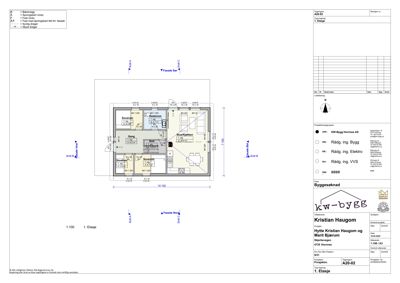 Etasjeplan (1. etasje) som viser romfordeling, dører, vinduer og mål for en bolig.