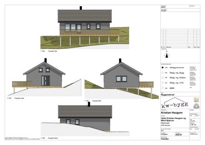 Fasadetegning som viser bygningens utseende fra fire ulike vinkler (Sør, Vest, Øst og Nord).