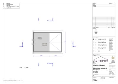 Etasjeplan (2. Etasje) som viser romfordeling, mål og orientering for en bygning.