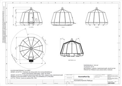 Snittegning (SECTION A-A) av en hytte med mål og materialbeskrivelse.