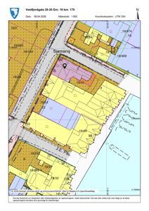 Situasjonsplan som viser eiendomsinndeling, bygningers plassering og tomtegrenser for Vestfjordgata 28-30.