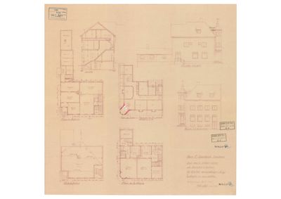 Et sammensatt ark med flere tegninger som viser romfordeling (planer) og fasadeopprikk for en bygning.