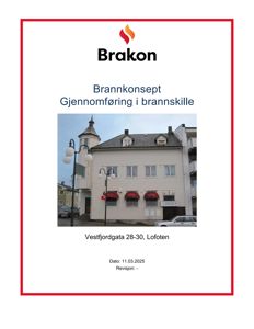 Fotografi av en eksisterende bygning (Vestfjordgata 28-30, Lofoten) som er brukt som illustrasjon i et brannkonsept-dokument.