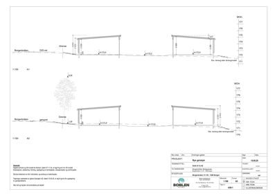 Snittegning som viser tverrsnitt av garasjer med høydeangivelser og terrengforhold.