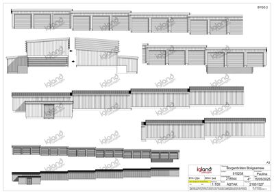 Fasadetegning som viser utsiden av en bygning sett fra flere vinkler.
