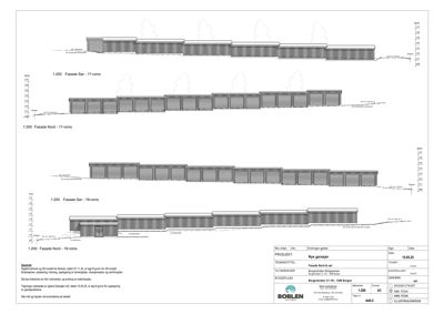 Fasadetegning som viser bygningens utseende sett fra nord.