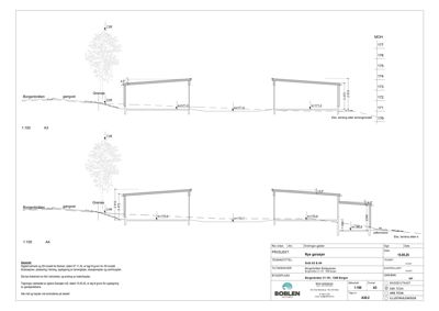 Snittegning som viser tverrsnitt av nye garasjer med høydeangivelser og grunnplan.