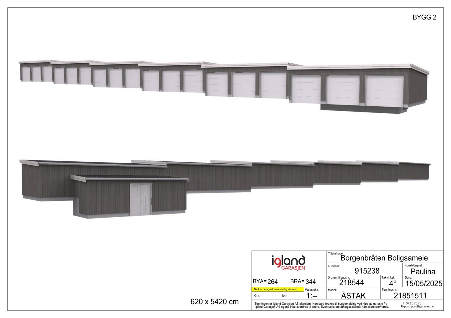 3D-visualisering av en rekke garasjer sett fra to ulike vinkler.