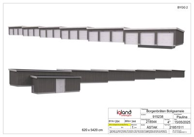 3D-visualisering av en rekke garasjer sett fra to ulike vinkler.