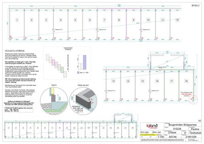 Etasjeplan med romnummerering (1-18), mål, og detaljer om utvendig utforming og portåpninger.